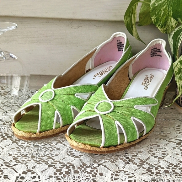 70s, 90s Vintage Wedge Espadrilles Green Y2K Peep Toe Beacon Reflections Size 8 - Picture 1 of 12